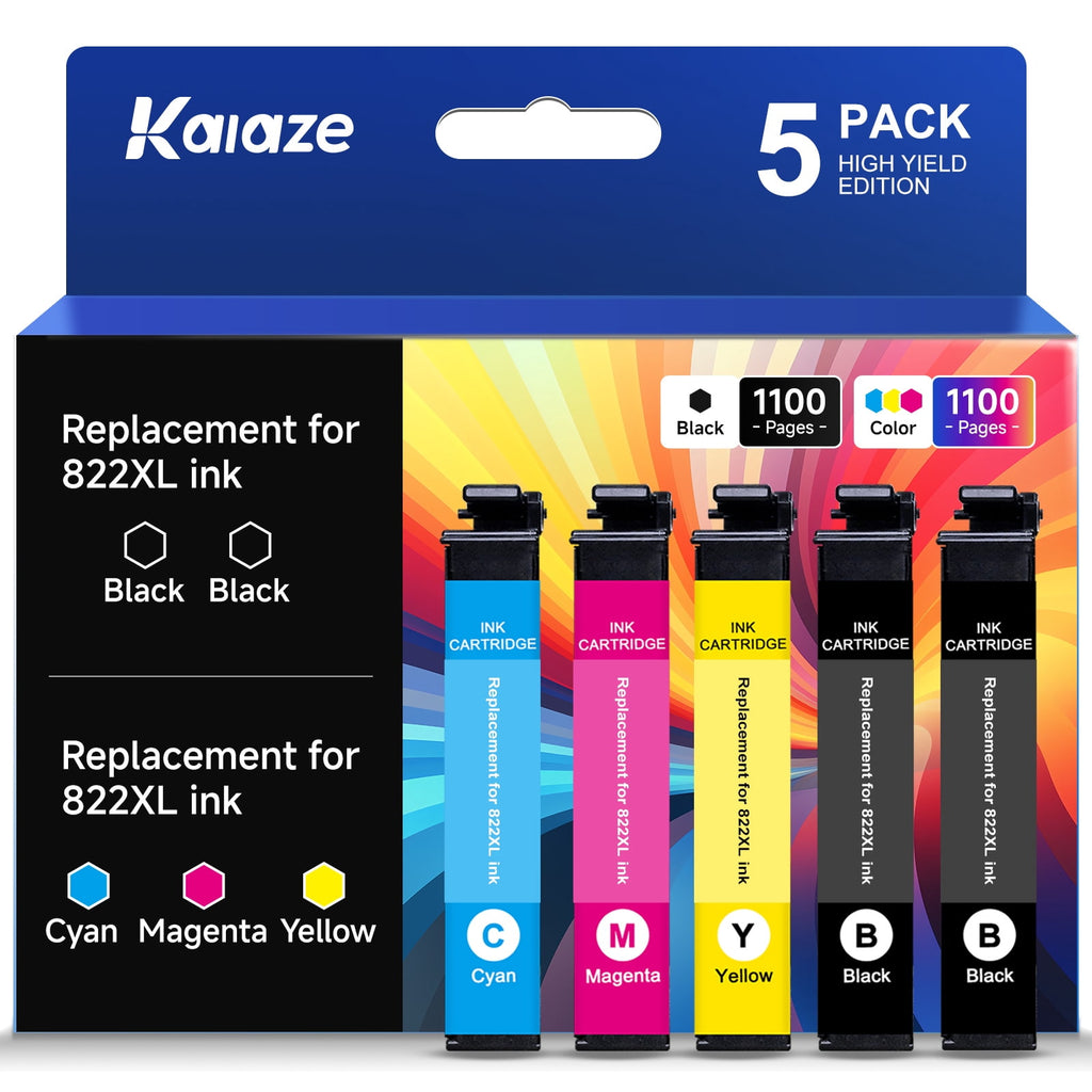 822XL Ink  822 Ink Cartridge Compatible for Epson 822 Ink Cartridge Compatible for Epson Workforce Pro WF-3820 WF-4820 WF-4833 Printer (5 Pack）