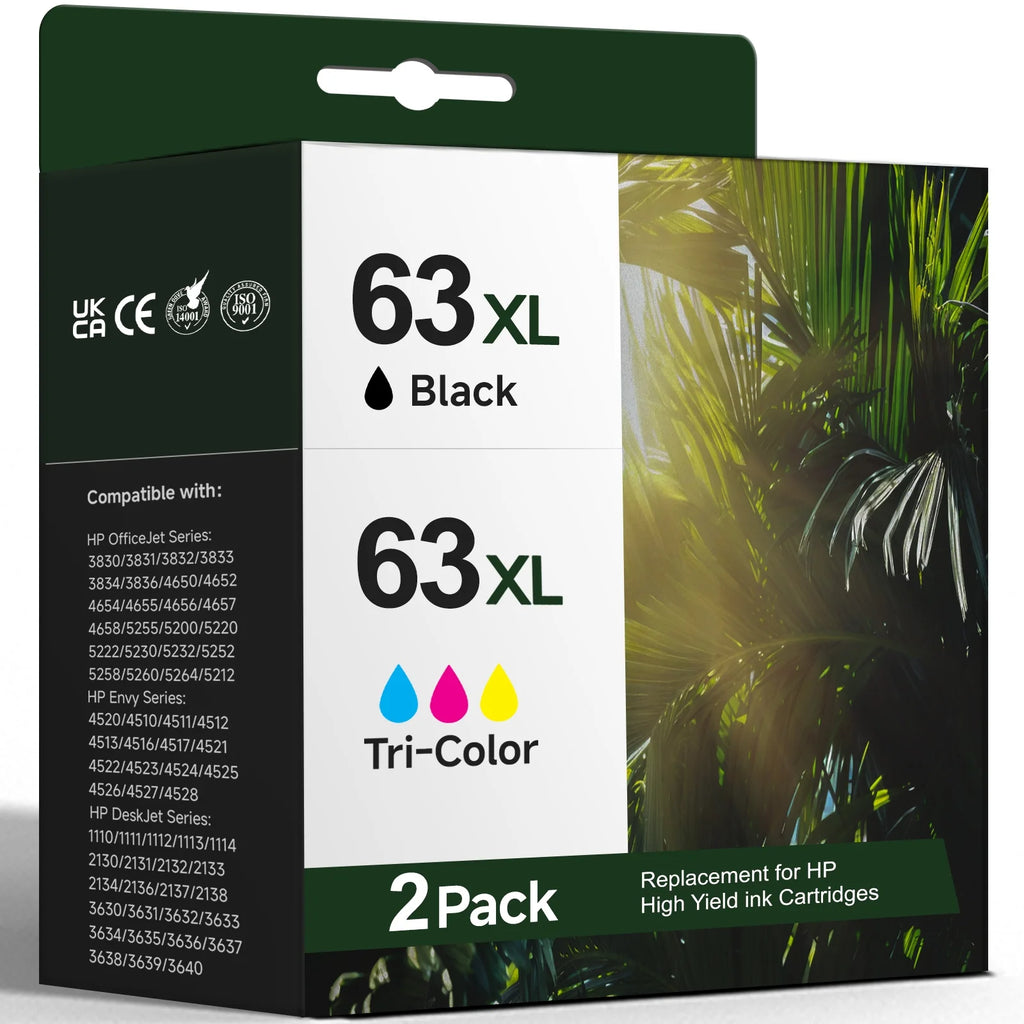 63 Ink Cartridge Compatible for HP 63 63XL Ink Cartridges Combo Pack for Printer Ink 63 (1 Black ,1 Tri-Color)